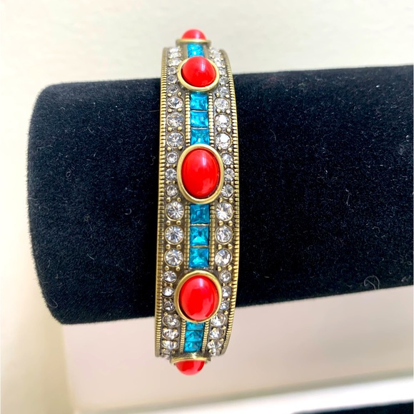 Heidi Daus clamper bangle bracelet w/ coral cabachons & blue Swarovski crystals